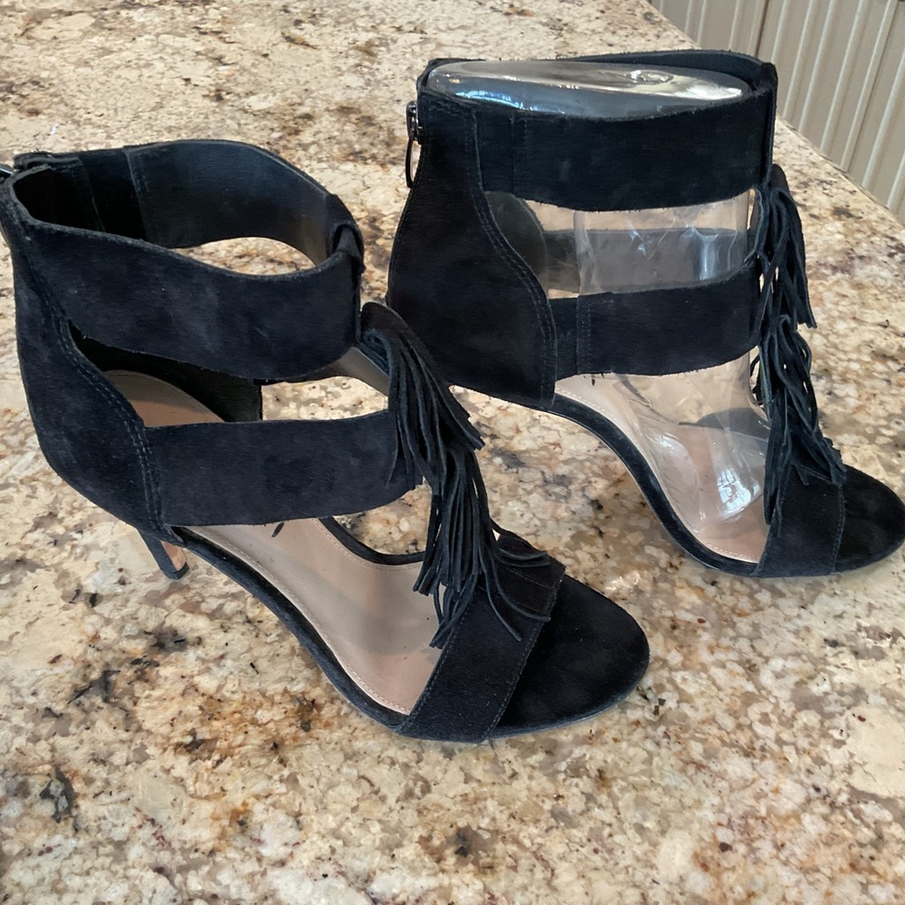 Via Spiga Black Suede Fringe Ankle-Strap Heels - Picture 3 of 7